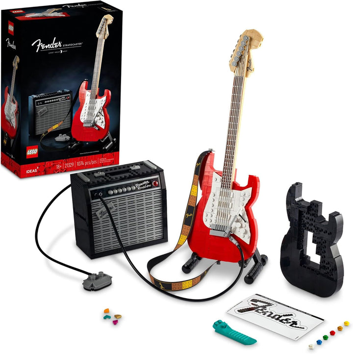 The LEGO® Ideas Fender® Stratocaster™ 21329 perfectly captures the essence of one of the world’s most iconic guitars. Whether you're a music lover, a seasoned guitarist, or a LEGO® enthusiast, this set brings rock ‘n’ roll heritage to your shelf. The set comes with a highly detailed buildable Fender® 65 Princeton® Reverb amplifier, complete with removable panels and realistic internals, a footswitch, and a sturdy display stand for the guitar.