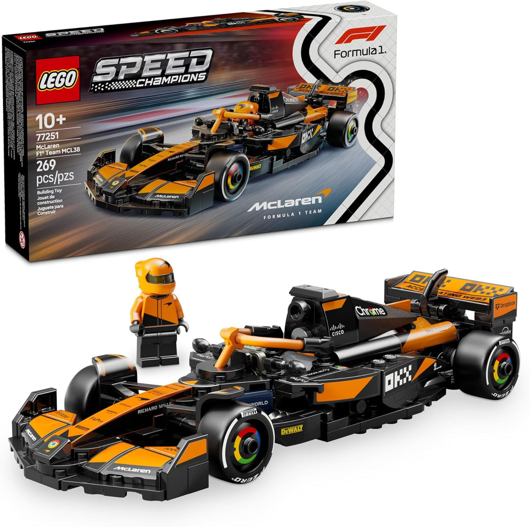 The LEGO 77251 Speed Champions McLaren F1® Team MCL38 Race Car is a must-have for Formula 1® enthusiasts and LEGO collectors alike. Whether you're a die-hard McLaren fan or a motorsport lover, this set offers an exciting and immersive experience. The set includes a McLaren driver minifigure in an official team racing suit, complete with a winged helmet, adding to the authenticity and playability of this model.
