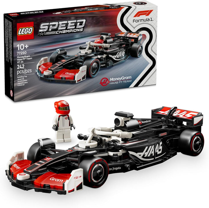 LEGO 77250 MoneyGram Haas F1® Team VF-24 Race Car omes with a driver minifigure wearing an official MoneyGram Haas F1® Team outfit and a winged helmet, adding even more realism to your race car model. Perfect for role-playing and creative display! With its dimensions of 1.5 inches high, 8 inches long, and 3 inches wide, this model is ideal for interactive play or to show off proudly on a shelf or desk.