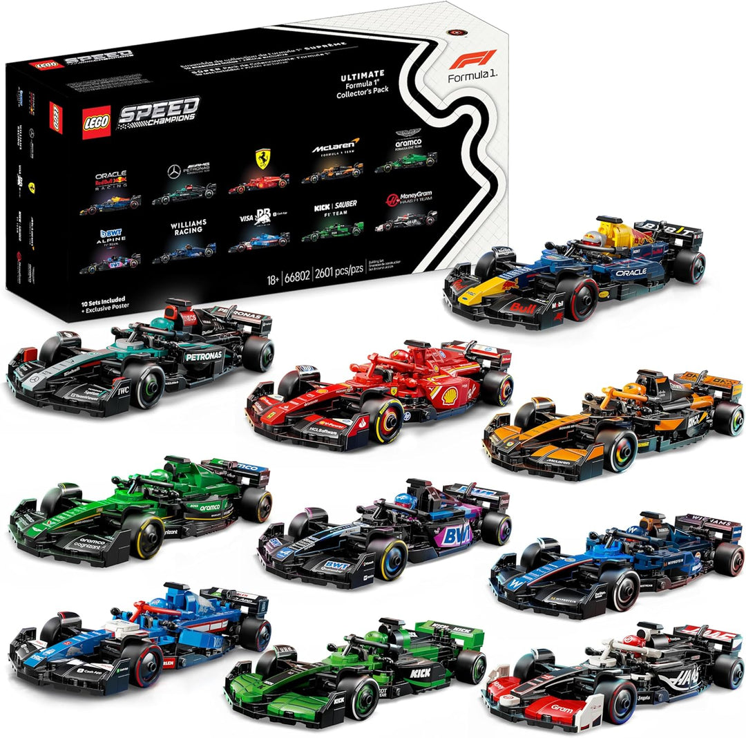 The LEGO 66802 Speed Champions Ultimate Formula 1 Collector's Pack is a must-have for both motorsport enthusiasts and LEGO collectors, offering the ultimate Formula 1™ experience. This collector’s pack includes 10 distinct Speed Champions sets, each representing a high-performance F1 car. It's the perfect way to build and display a comprehensive F1 collection all at once.