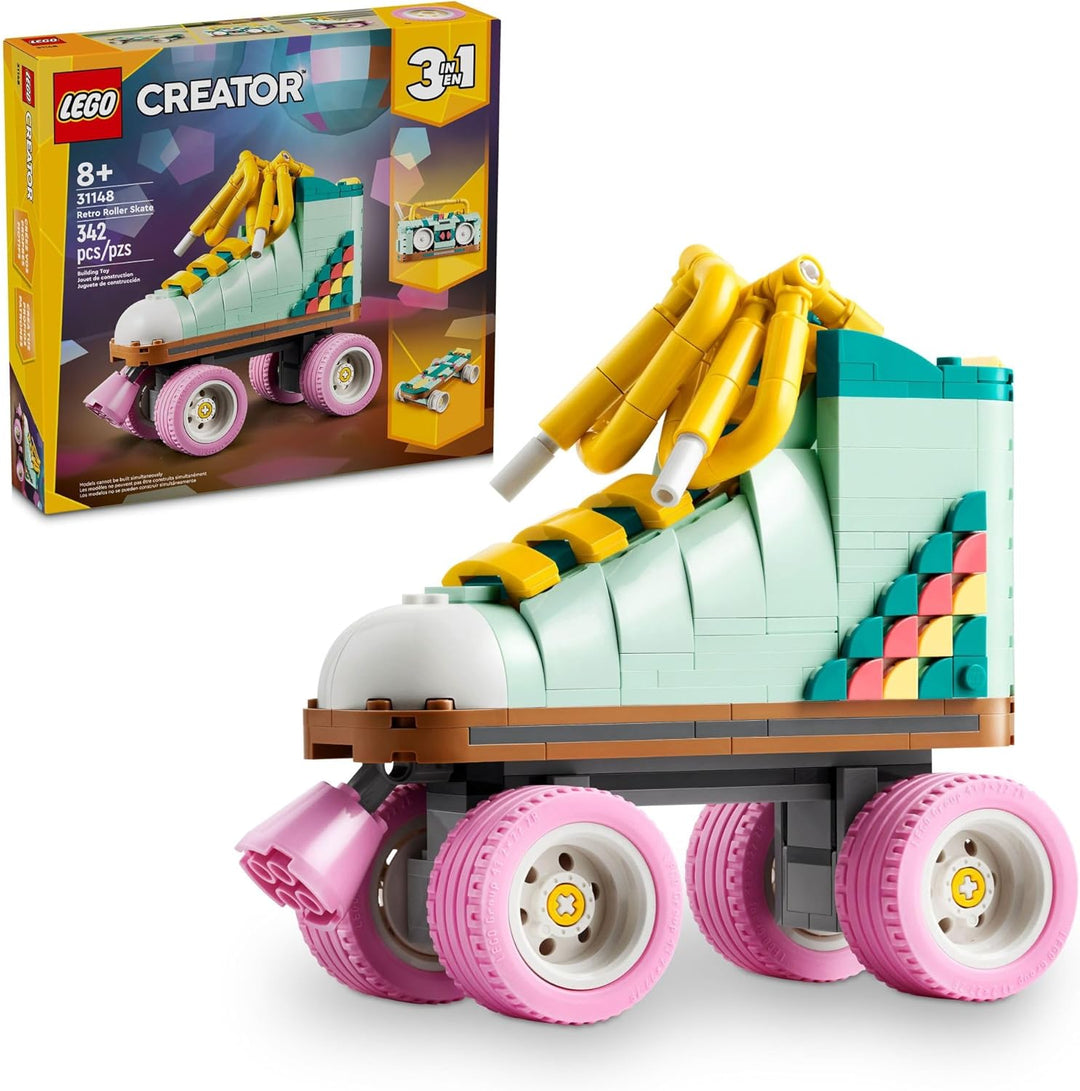 LEGO 31148 Retro Roller Skate a roller skate, skateboard, and boom box—perfect for endless creativity. Captures the vibrant style of the '80s with moving wheels, bold colors, and authentic retro details that look great and play even better. Part of the LEGO Creator 3-in-1 series, this set encourages creativity and flexible thinking by letting builders switch between builds.  Whether it's the skate, the board, or the boom box, each model adds playful energy to any shelf or desk setup.