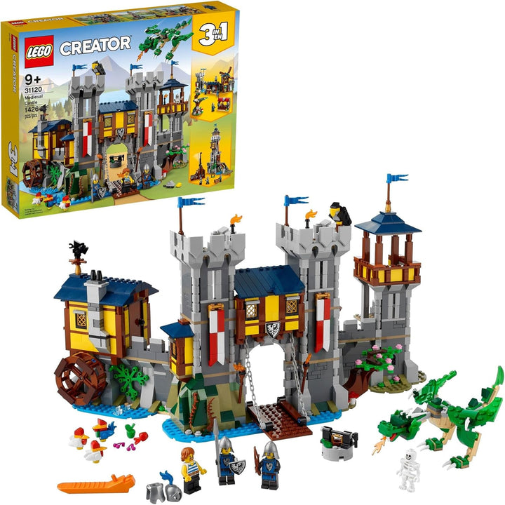 The LEGO 31120 Medieval Castle a majestic medieval castle, a tall fortress tower, or a bustling medieval marketplace. Each rebuild offers new adventures and play possibilities. From a working drawbridge and water mill to an opening gate and posable dragon, this set is filled with fun details that make playtime exciting and realistic. Knights, animals, and authentic medieval accessories bring your stories to life, allowing for endless roleplay and imaginative battles.