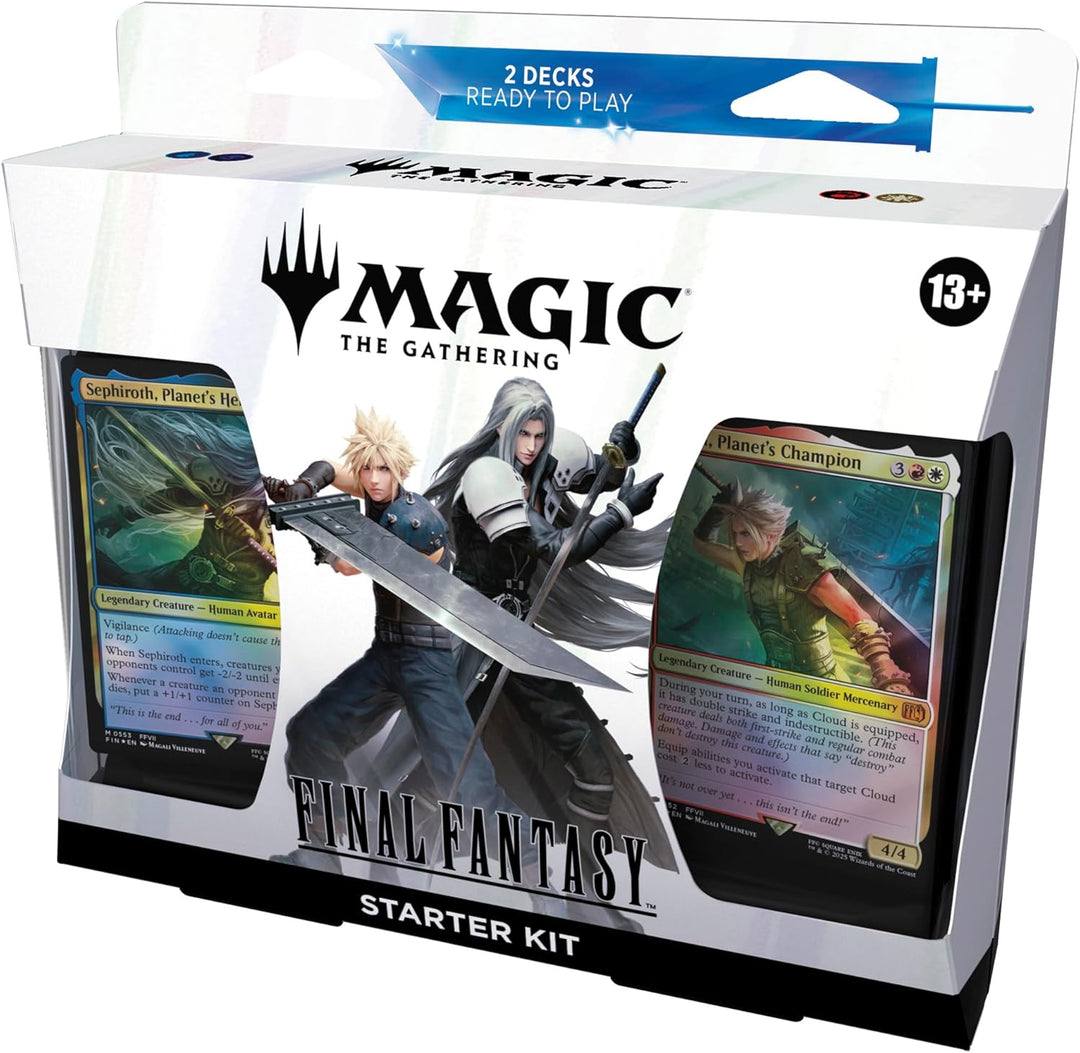 Magic: The Gathering – FINAL FANTASY Starter Kit he ultimate crossover for gamers and collectors alike! Whether you’re new to Magic or a longtime player, this kit offers an easy entry point into Magic: The Gathering while celebrating decades of FINAL FANTASY history. Experience legendary heroes, villains, and summons like Cloud, Sephiroth, and Ifrit in stunning card art. A perfect way to introduce friends to Magic or relive FINAL FANTASY memories in a new way.