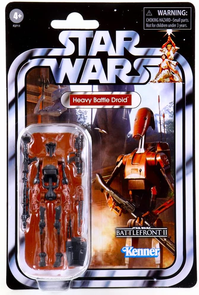 Star Wars™ Heavy Battle Droid (Battlefront II)  inspired by Battlefront II, this figure features exclusive design elements not seen in standard B1 Battle Droids. Fits seamlessly into Clone Wars dioramas, gaming-themed displays, or action-packed battle scenes. Perfect companion to other Separatist figures, including Super Battle Droids, General Grievous, and Count Dooku.
