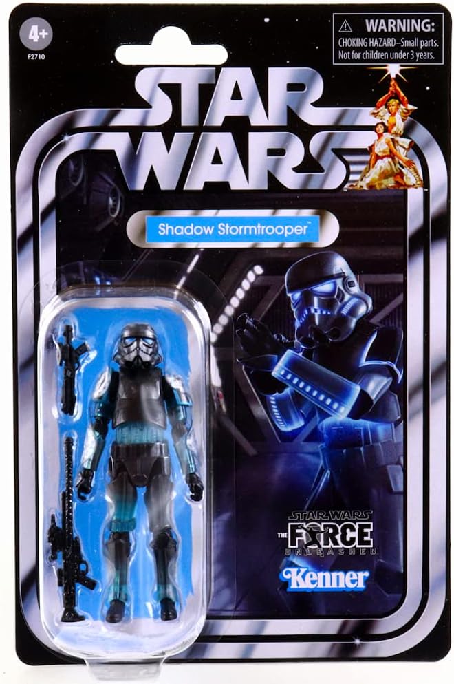 Star Wars™ 3.75-Inch Shadow Stormtrooper is a standout figure with a striking black-and-blue armor design from the Star Wars™ Legends/Expanded Universe. Enjoy nostalgic Kenner-style packaging with modern quality, poseability, and accuracy. Add to your Imperial ranks with a figure that complements Stormtroopers, Purge Troopers, and Sith Lords alike.