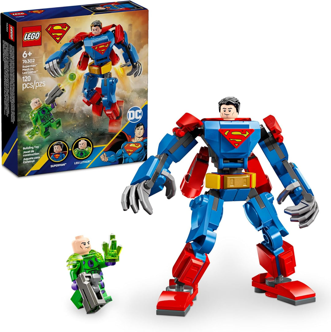 LEGO 76302 Superman™ Mech vs. Lex Luthor™ features Superman™ in his classic outfit and Lex Luthor™ with his kryptonite-powered battle suit. Each mech has jointed arms and legs, perfect for action-packed poses and imaginative roleplay. It delivers nonstop superhero action, making it a must-have for young builders and DC fans alike.