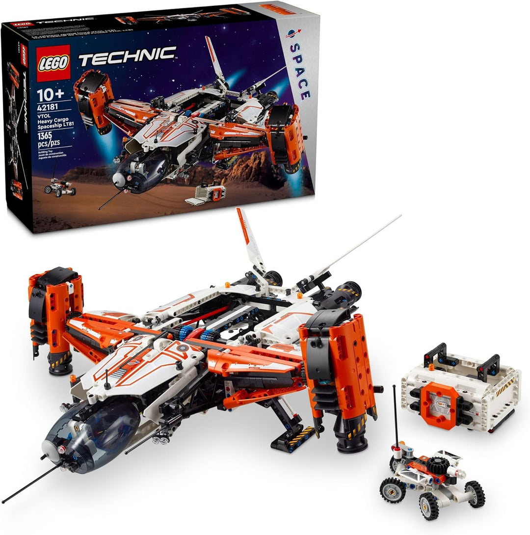 LEGO 42181 VTOL Heavy Cargo Spaceship LT81 designed with VTOL (Vertical Take-Off and Landing) functionality, rotating engines, and retractable landing gear, this set delivers a true-to-life aerospace experience. A standout choice for anyone fascinated by space travel, engineering, or advanced LEGO Technic™ builds. It blends innovative mechanics, space adventure, and collectible appeal, making it a must-have addition to any Technic™ or LEGO Space collection.