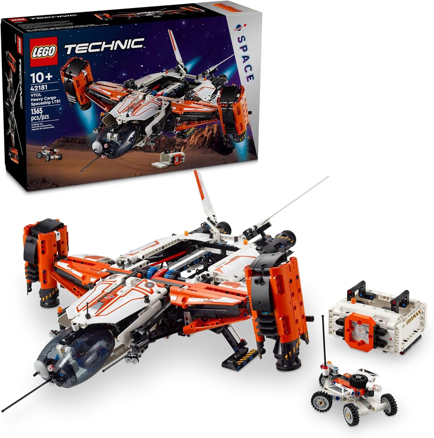 LEGO 42181 VTOL Heavy Cargo Spaceship LT81 designed with VTOL (Vertical Take-Off and Landing) functionality, rotating engines, and retractable landing gear, this set delivers a true-to-life aerospace experience. A standout choice for anyone fascinated by space travel, engineering, or advanced LEGO Technic™ builds. It blends innovative mechanics, space adventure, and collectible appeal, making it a must-have addition to any Technic™ or LEGO Space collection.